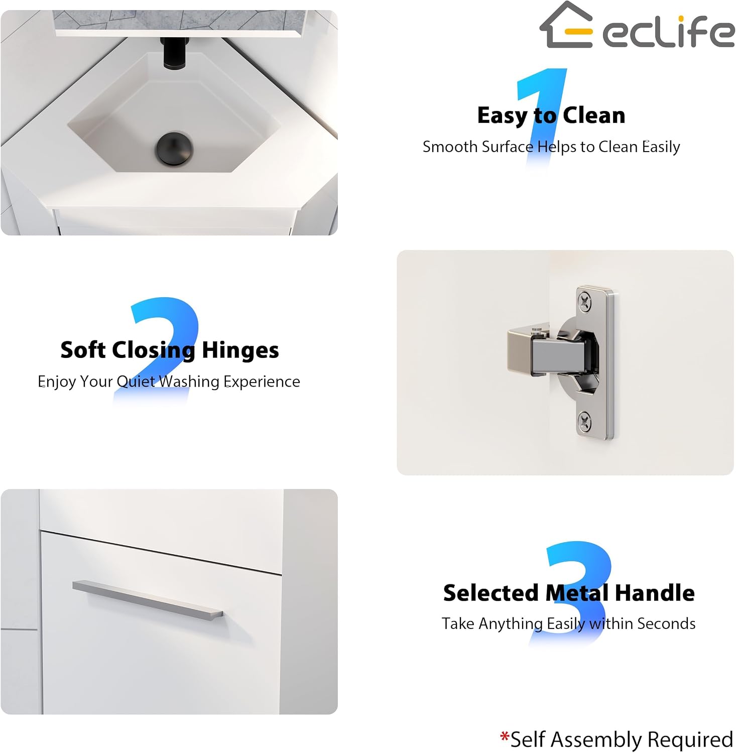 eclife 26' Corner Bathroom Vanity Sink Combo for Small Space Freestanding Storage Cabinet with White Resin Sink and Matte Black Faucet, White