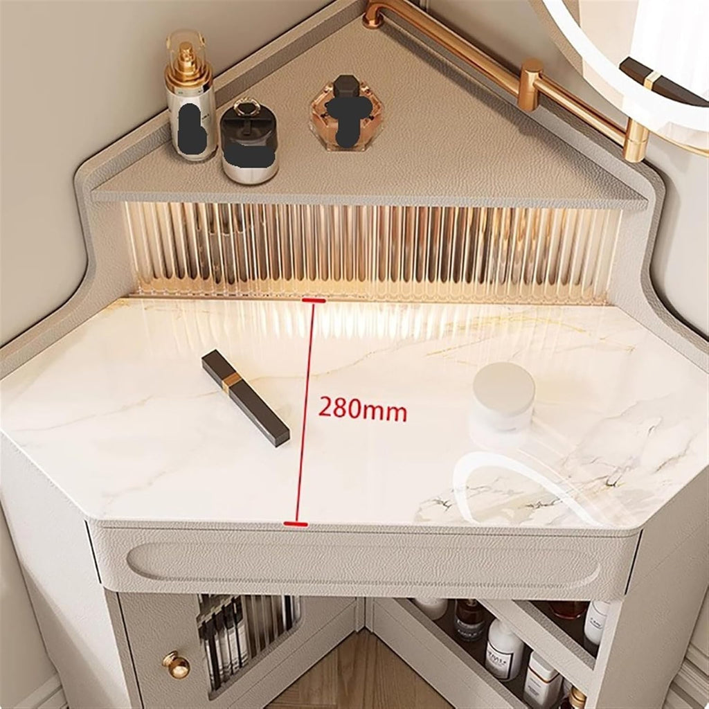 Makeup Vanity Desk Corner Vanity with Mirror and Lights, Modern Makeup Set for Bedroom/Cloakroom, Glass Storage Cabinet Table,White(Small)