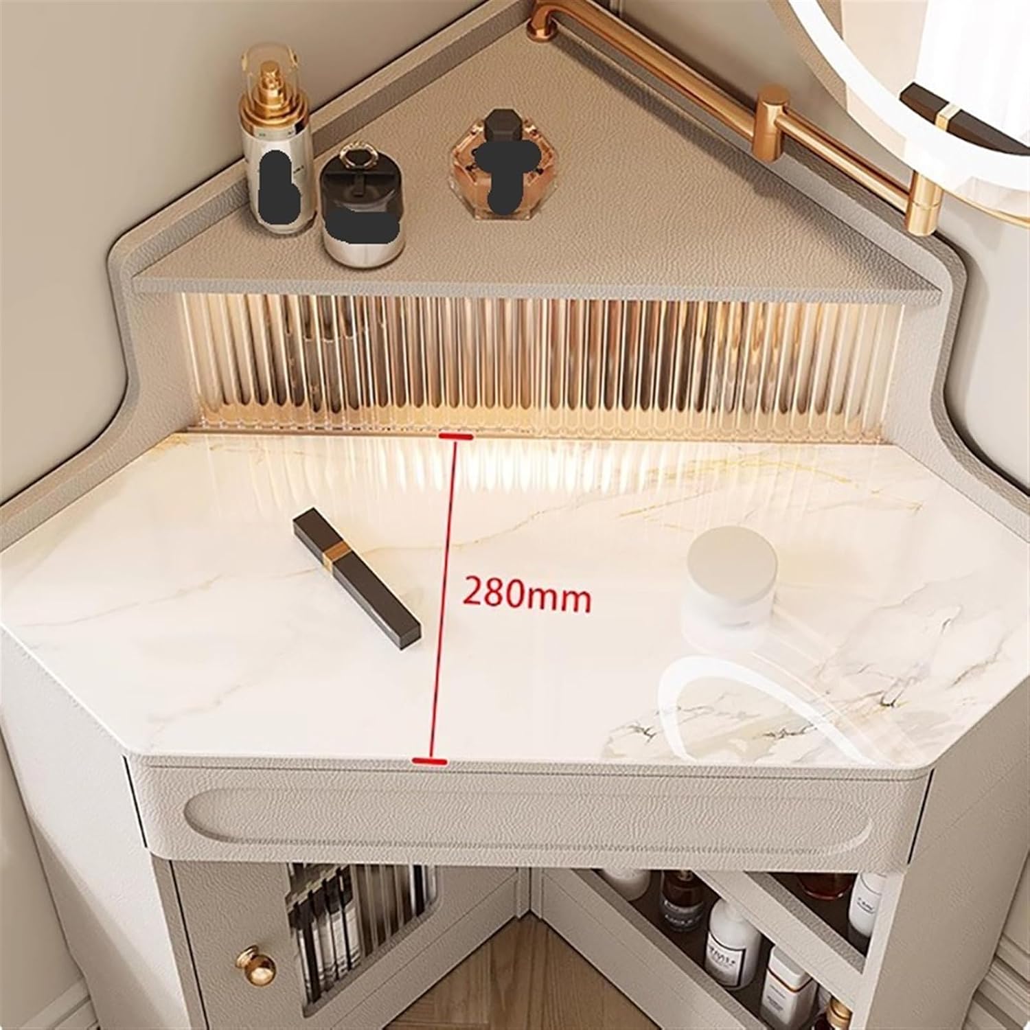 Makeup Vanity Desk Corner Vanity with Mirror and Lights, Modern Makeup Set for Bedroom/Cloakroom, Glass Storage Cabinet Table,White(Medium)
