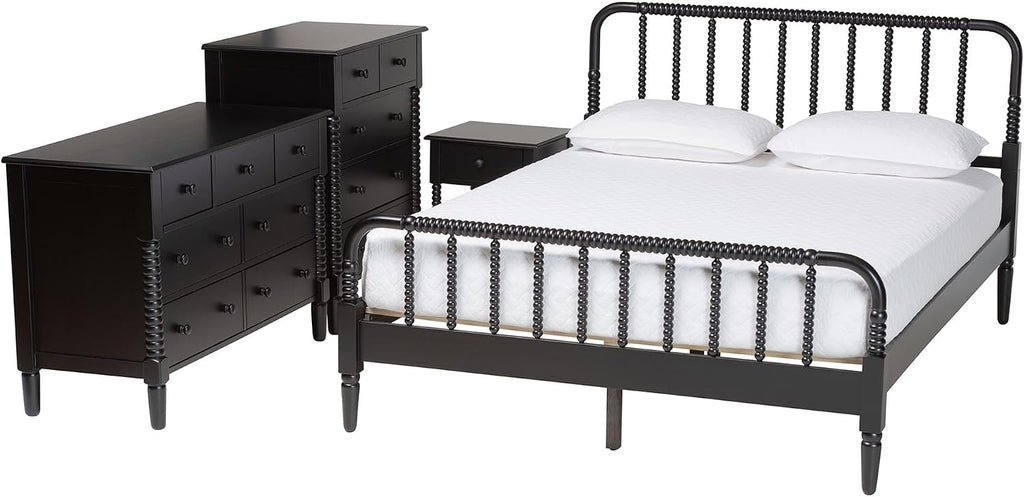Baxton Studio Braith Farmhouse Black Spindle Wood Queen Size 4-Piece Bedroom Set