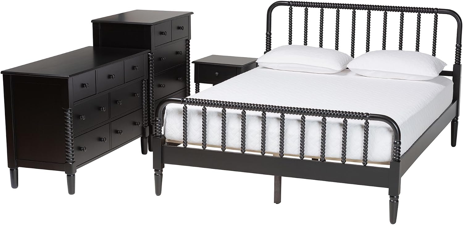 Baxton Studio Braith Farmhouse Black Spindle Wood Queen Size 4-Piece Bedroom Set