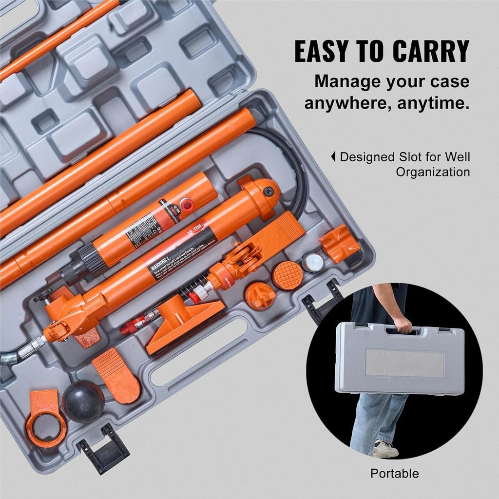 10T Porta Power Kit Portable Hydraulic Jack With Oil Hose Auto Body Fe Repair Kit With Storage Case For Car Repair