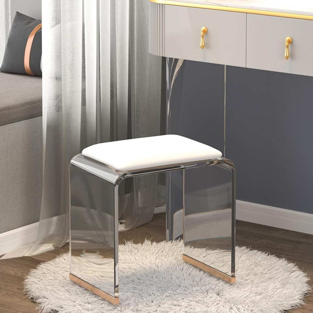 Clear Acrylic Stool with Velvet Cushion, Modern Padded Vanity Dressing Stool, Small Entryway Bench for Bedroom Room Living Room Office, No Assembly Required(H45cm/17.7in, Clear+White)