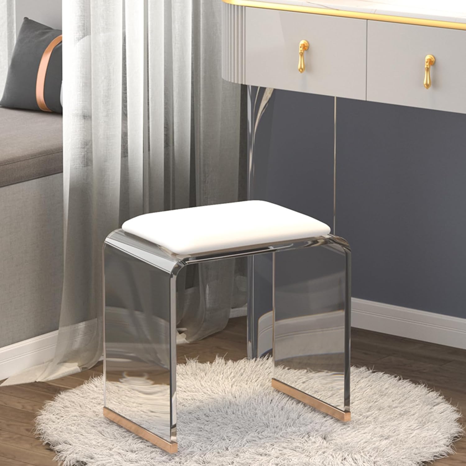 Clear Acrylic Stool with Velvet Cushion, Modern Padded Vanity Dressing Stool, Small Entryway Bench for Bedroom Room Living Room Office, No Assembly Required(H45cm/17.7in, Clear+White)