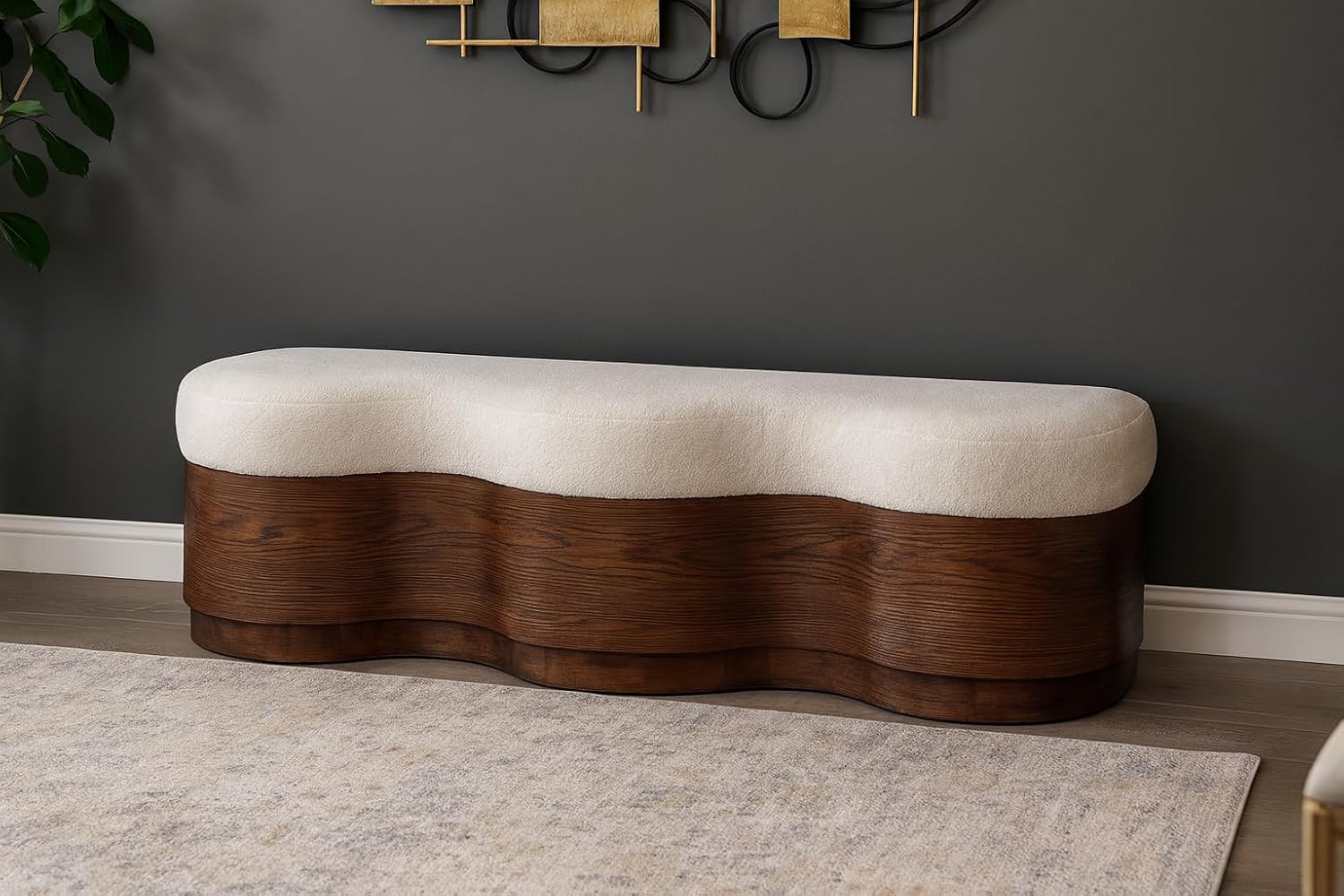 Meridian Furniture 22082Beige Savoy Collection Art Deco Bench with Soft Beige Velour Fur Fabric, Rich Brown Walnut Finish, Mix of Solid Wood & MDF, 60' W x 18.5' D x 18.5' H, Beige