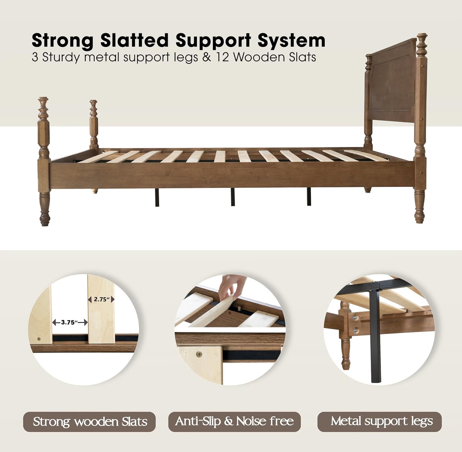 Solid Wood King Size Bed Frame with Headboard & Footboard, Platform Bed, Central Metal Legs, 12 Sturdy Slats, Under Bed Storage, Easy Assembly, Noise-Free & Anti-Slip, Barnwood Finish, ROK-30