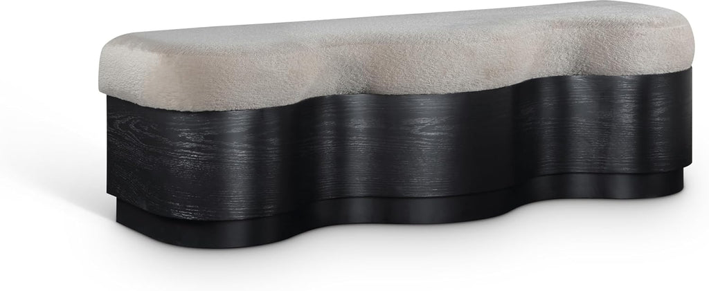Meridian Furniture 22081Beige Savoy Collection Art Deco Bench with Soft Beige Velour Fur Fabric, Rich Black Finish, Mix of Solid Wood & MDF, 60' W x 18.5' D x 18.5' H, Beige