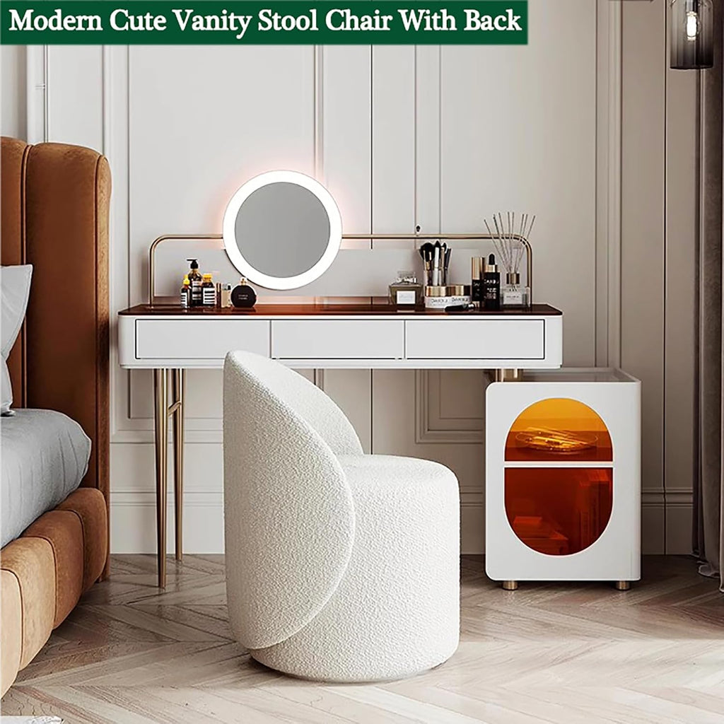 Velvet Vanity Stool Chair with Back,Round Makeup Stool for Vanity Desk,Wood Base,Cute Vanity Bench Seat Accent Stool for Bathroom,Bedroom,Living Room