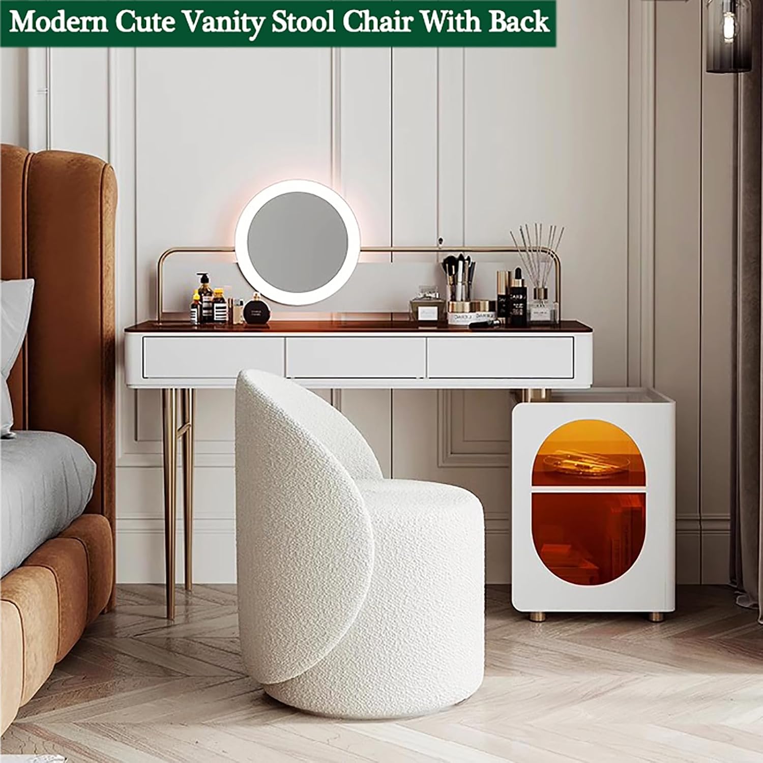 Velvet Vanity Stool Chair with Back,Round Makeup Stool for Vanity Desk,Wood Base,Cute Vanity Bench Seat Accent Stool for Bathroom,Bedroom,Living Room