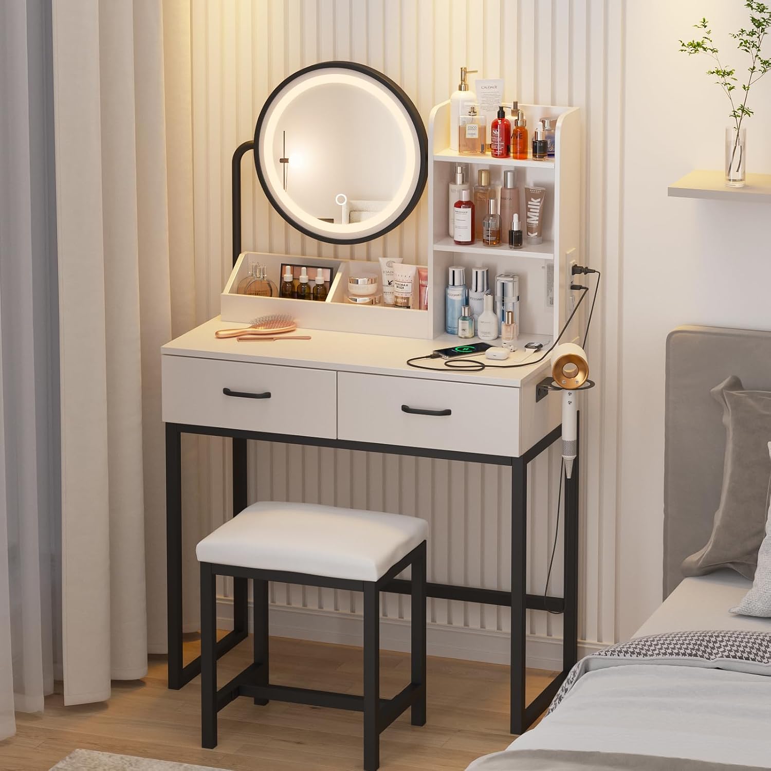 Vabches Makeup Vanity with Round Mirror and Lights, White Vanity Makeup Table with Charging Station, Small Vanity Table for Bedroom, 3 Lighting Modes, 31.5in(L)