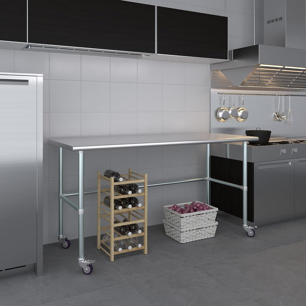 AmGood Stainless Steel Work Table Open Base & Wheels | Work Station | Metal Work Bench (Stainless Steel Work Table Open Base + Casters, 72' Long x 30' Deep)