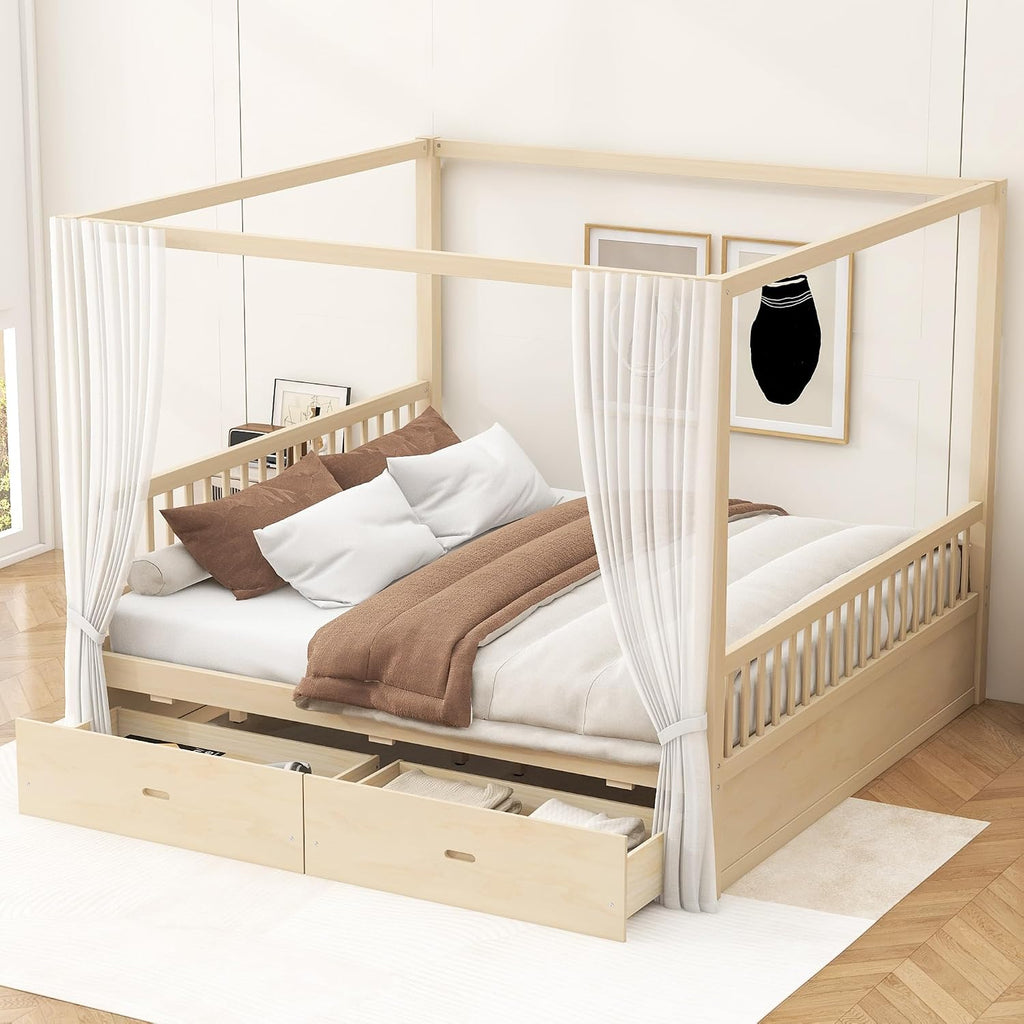 Merax Queen Size Canopy Bed with Storage, Solid Wood Four Posters Bed Frame with Drawers, No Box Spring Needed, Natural