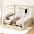 Merax Queen Size Canopy Bed with Storage, Solid Wood Four Posters Bed Frame with Drawers, No Box Spring Needed, Natural