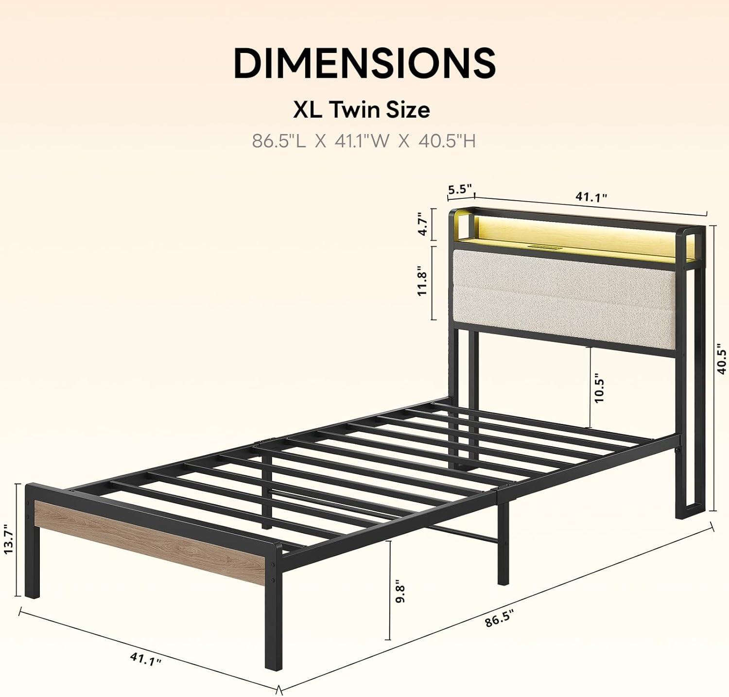 LIKIMIO Twin XL Bed Frame with Storage Headboard and LED Lights, Metal Platform Bed with Charging Station, Noise Free, No Box Spring Needed, Under Bed Storage, Natural and Cream