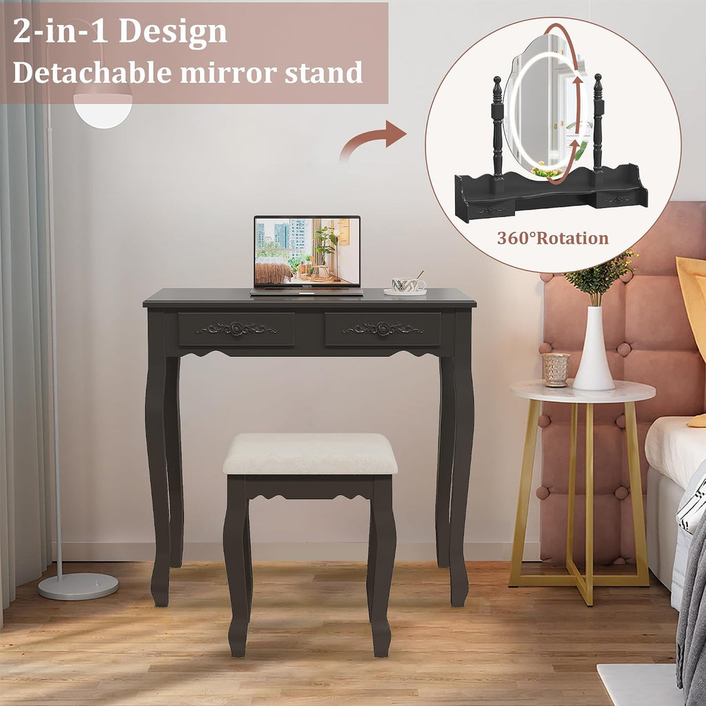 Vanity Desk with LED Lighted Mirror & 4 Drawers, Makeup Vanity Table with Cushion Stool, 3 Color Modes & Adjustable Brightness Dressing Table, for Bedroom, Black (Black)