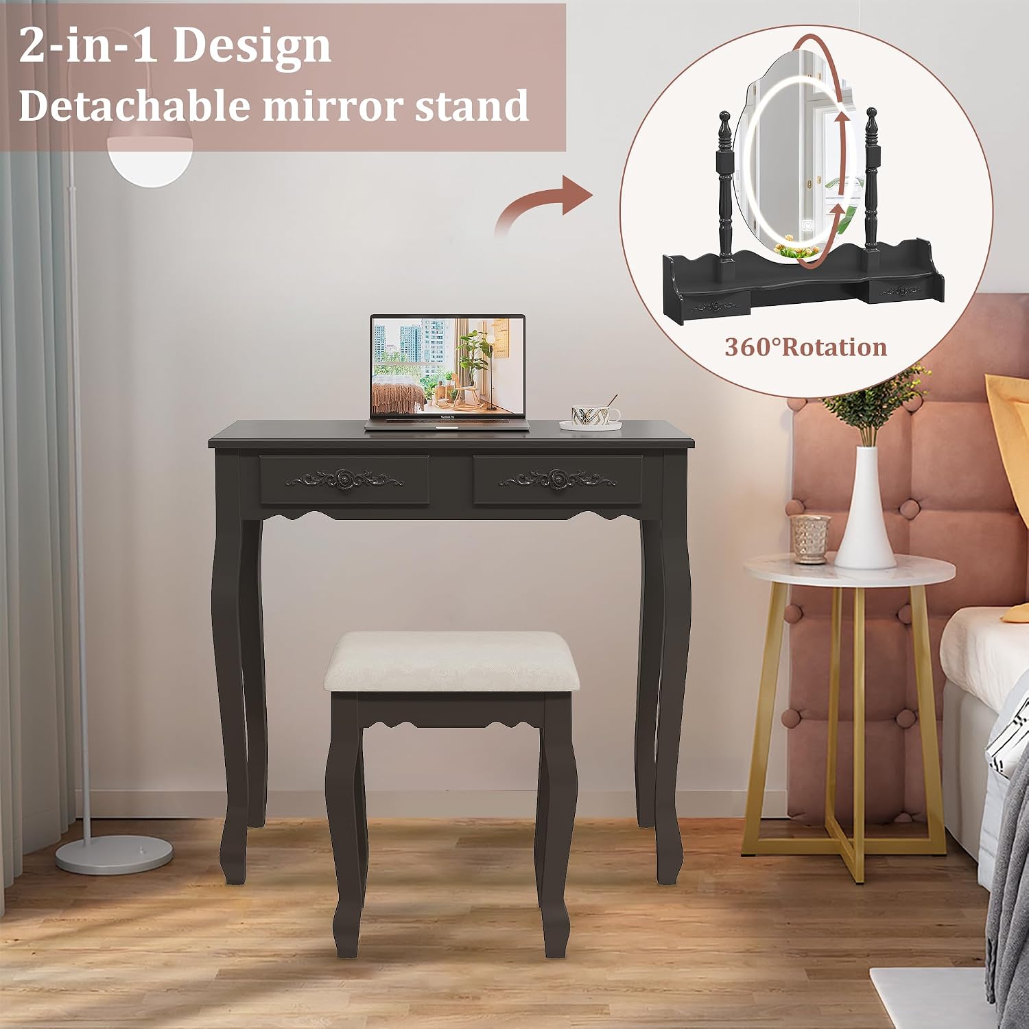 Vanity Desk with LED Lighted Mirror & 4 Drawers, Makeup Vanity Table with Cushion Stool, 3 Color Modes & Adjustable Brightness Dressing Table, for Bedroom, Black (Black)