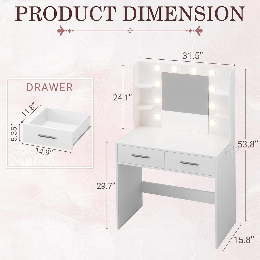 JUMMICO Makeup Vanity Desk with Mirror and Lights Power Outlet, Vanity Table Makeup Desk 2 Drawers, 6 Storage Shelves Hairdryer Holder & Bench Dressing Table for Bedroom (White, No Bench)