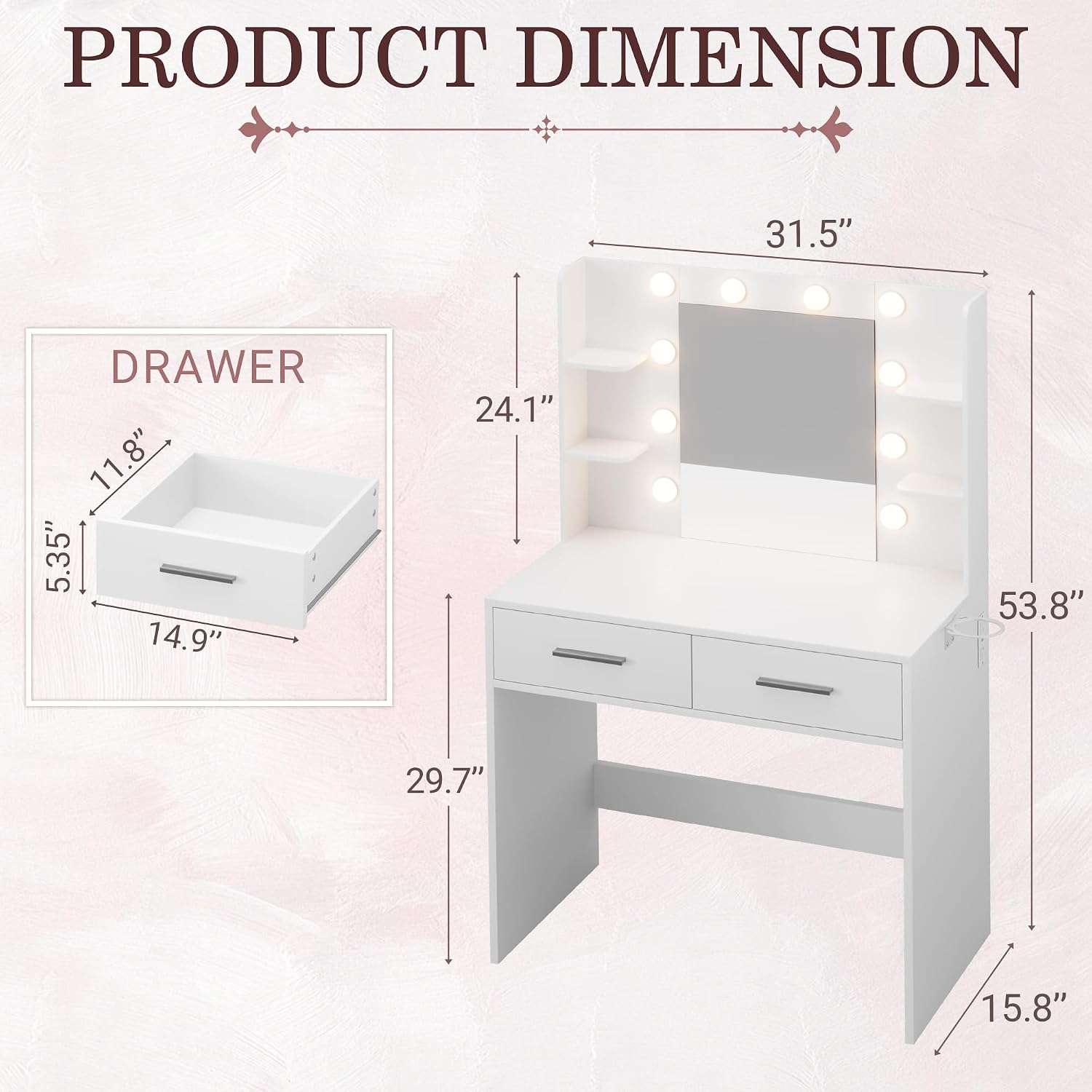 JUMMICO Makeup Vanity Desk with Mirror and Lights Power Outlet, Vanity Table Makeup Desk 2 Drawers, 6 Storage Shelves Hairdryer Holder & Bench Dressing Table for Bedroom (White, No Bench)