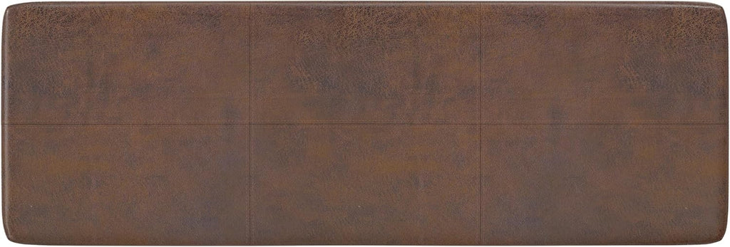 SIMPLIHOME Carlson Ottoman Bench - 45 inch Wide Upholstered Vegan Leather Rectangle Ottoman in Distressed Chestnut Brown, Mid Century Modern Bench for Bedroom or Living Room with Padded Seat