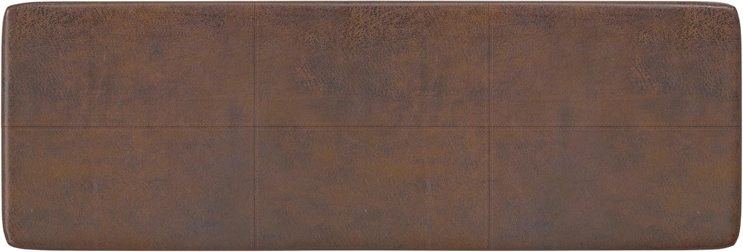 SIMPLIHOME Carlson Ottoman Bench - 45 inch Wide Upholstered Vegan Leather Rectangle Ottoman in Distressed Chestnut Brown, Mid Century Modern Bench for Bedroom or Living Room with Padded Seat