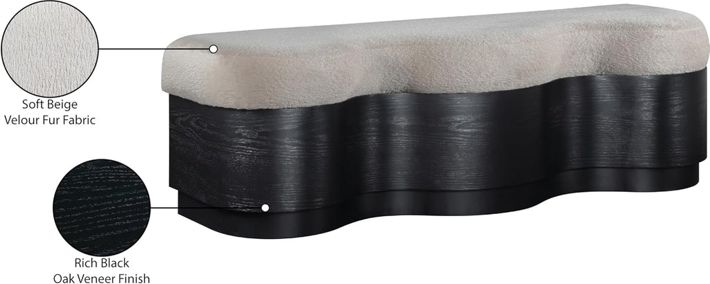 Meridian Furniture 22081Beige Savoy Collection Art Deco Bench with Soft Beige Velour Fur Fabric, Rich Black Finish, Mix of Solid Wood & MDF, 60' W x 18.5' D x 18.5' H, Beige