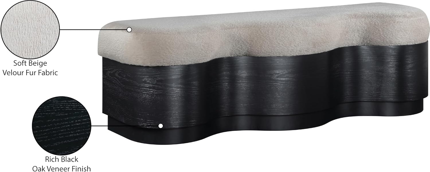Meridian Furniture 22081Beige Savoy Collection Art Deco Bench with Soft Beige Velour Fur Fabric, Rich Black Finish, Mix of Solid Wood & MDF, 60' W x 18.5' D x 18.5' H, Beige