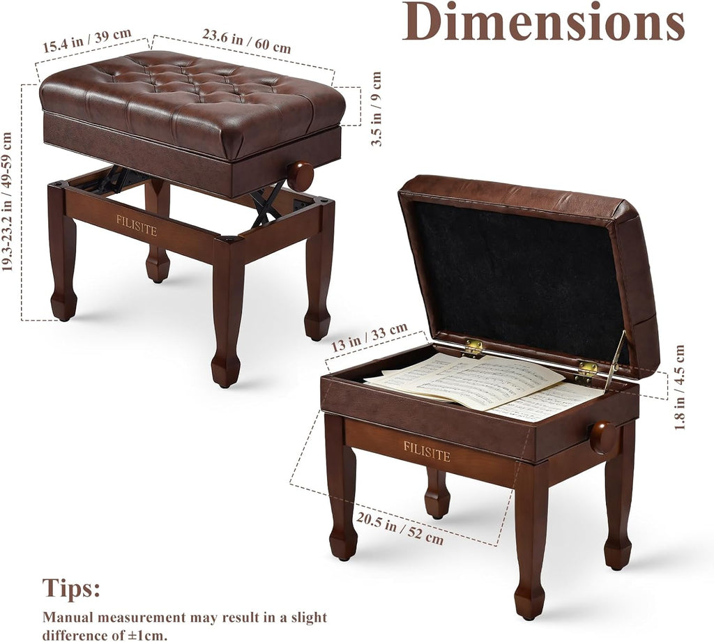 Adjustable Height Piano Bench with Storage, Heavy Duty Solid Wood Piano Stool Keyboard Bench with PU Leather Padded Cushion(Wood)