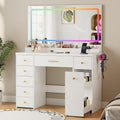 LAKEMID Makeup Vanity Desk with Large Mirror and Lights,43.3in Makeup Vanity with 7 Drawers,Modern Vanity Table with Charging Station,Adjustable RGB Lighting,Dressing Table for Bedroom Women(White)