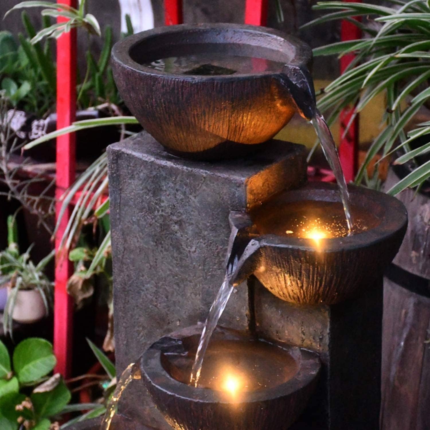 SunJet 5-Tier Outdoor Water Fountain Resin Fountain Decor with LED Lighting Natural Polyresin Looking Stone Decor for Garden Patio Fold Court Yard Deck 12.99' L x 13.78' W x 39.76' H