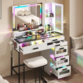 RGB Vanity Desk with Mirror and Lights, Glass Top Makeup Vanity Table with Wireless Charging Station, Girl Vanity,Dressing Table with Chair & 6 Drawers,White