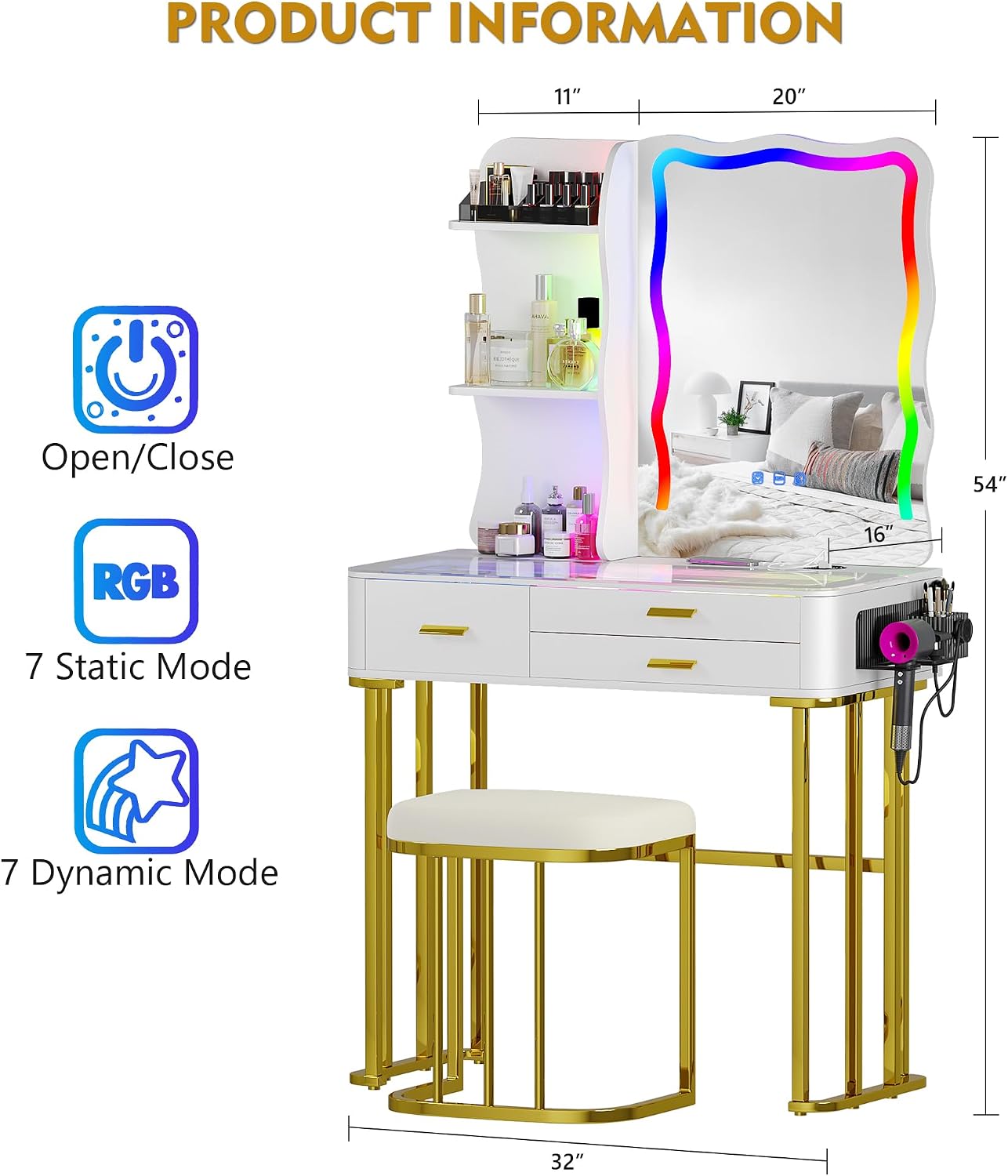 Lvifur RGB Makeup Vanity Desk with Wireless Charging Station,7 Dynamic and 7 Static Dimmable Vanity Table with Visible Glass Top,Auto Sensor Make up Vanity with Mirror and Lights,Stool (White & Gold)
