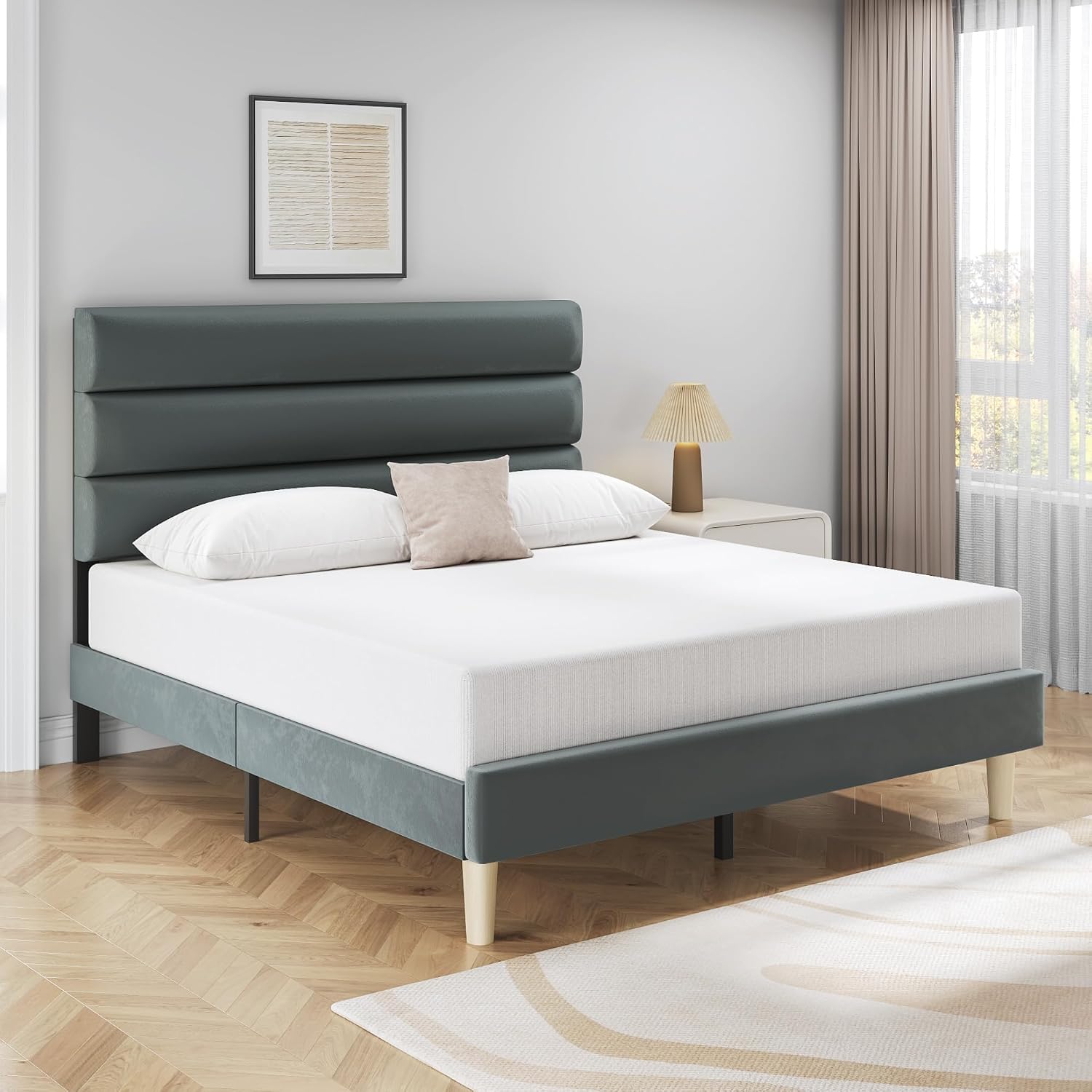 Fluest Full Bed Frame, Platform Bed Frame with Velvet Upholstered Headboard, No Box Spring Needed, Sturdy Metal Support, Noise Free, Easy Assembly, Modern Bedroom Furniture, Grey