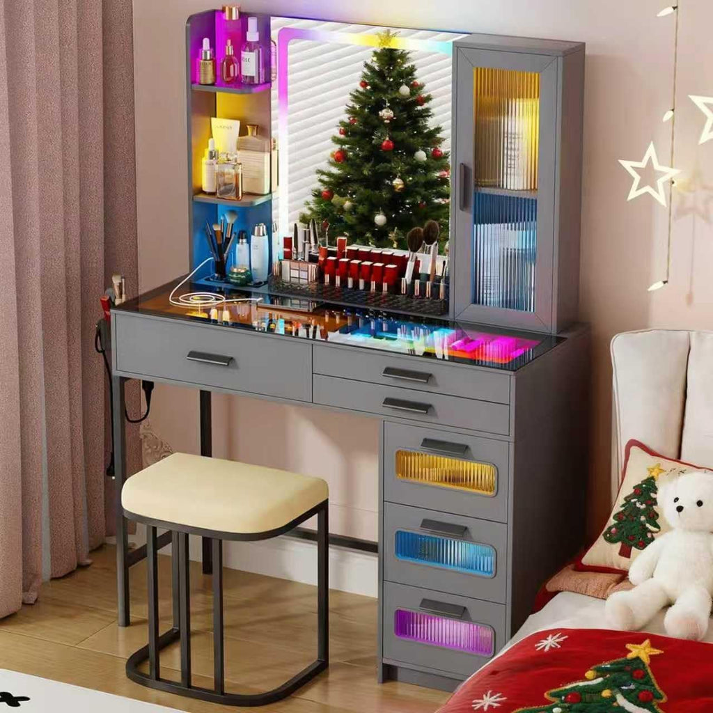 Grey Makeup Vanity Desk with Mirror and Lights,Vanity Table Set with Charging Station, Dressing Table with RGB Cabinets,Girls Vanity with Makeup Organizer and Drawers