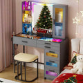Grey Makeup Vanity Desk with Mirror and Lights,Vanity Table Set with Charging Station, Dressing Table with RGB Cabinets,Girls Vanity with Makeup Organizer and Drawers