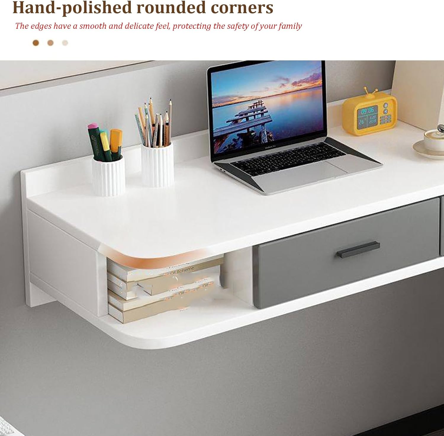 White Corner Floating Makeup Vanity, Wooden Computer Desk with Drawers&Open Storage Space, Wall Mounted Nightstand, Space-Saving, for Bedroom(Right,80cm/31.49in)