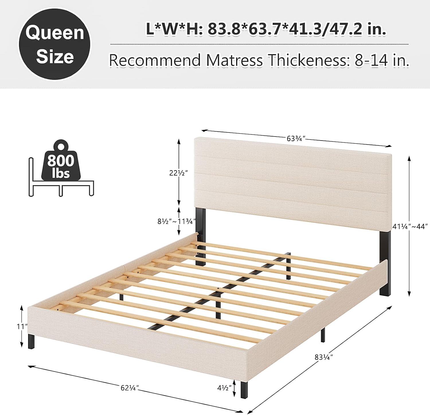 Furnihome Queen Bed Frame, Modern Upholstered Bed Frame with Adjustable Linen Headboard, Wooden Slats Support Platform Queen Size Bed Frames, No Box Spring Needed,Easy Assembly,Beige