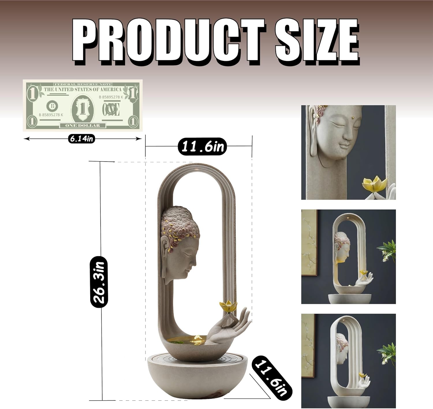 Tabletop Fountains, Buddha Water Fountain Indoor, Buddha Statue for Home - Buddha Statue Indoor/Outdoor, Buddha Decor & Gifts, Buddah, Buda, Budda, Buddhas, Chinese Decor & Gifts, Feng Shui (Grey)