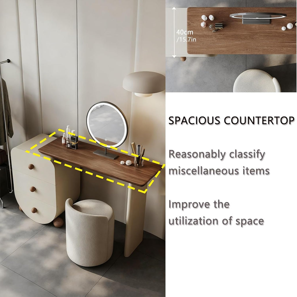 Makeup Vanity Desk ，Spacious Desktop, Three-Tier Side Cabinet, Freely extendable with 90° Corner Rotation, Reinforced Spherical Creative Cabinet Legs, Multi-Layer Solid Wood Frame and Drawers