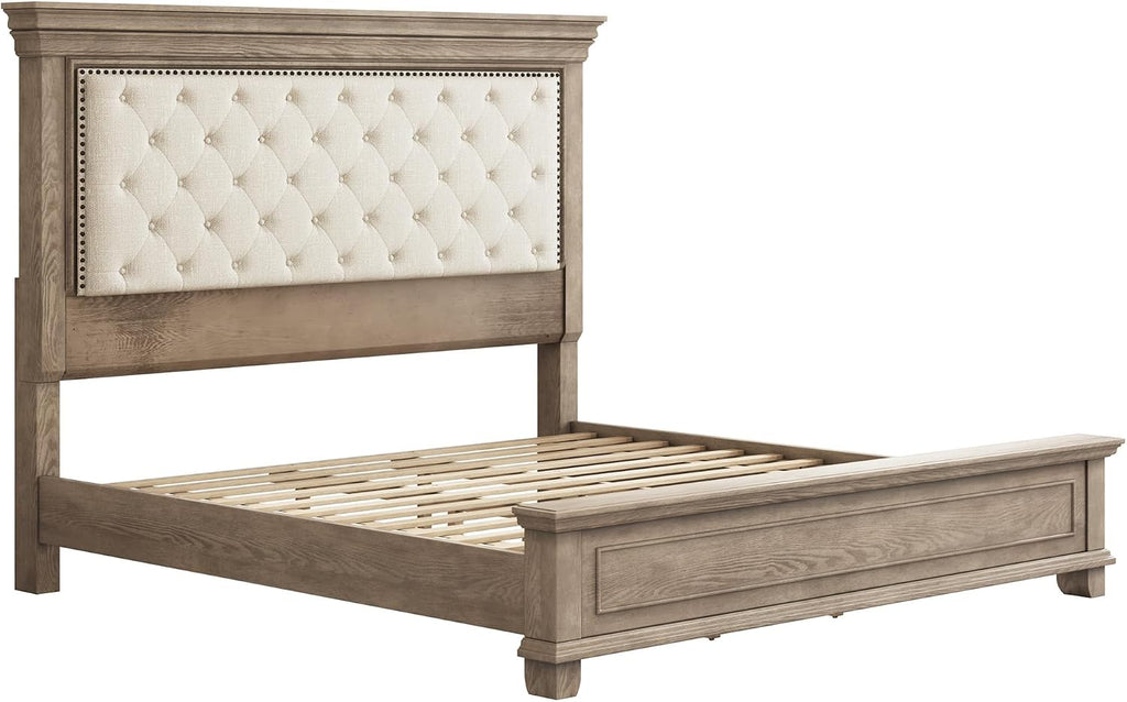 LUXOAK Solid Pine Wood King Bed Frame with 69' High Upholstered Headboard, Transitional Style Platform Bed, No Box Spring Needed & Easy Assembly, Button-Tufted Chenille Fabric, Antique Taupe