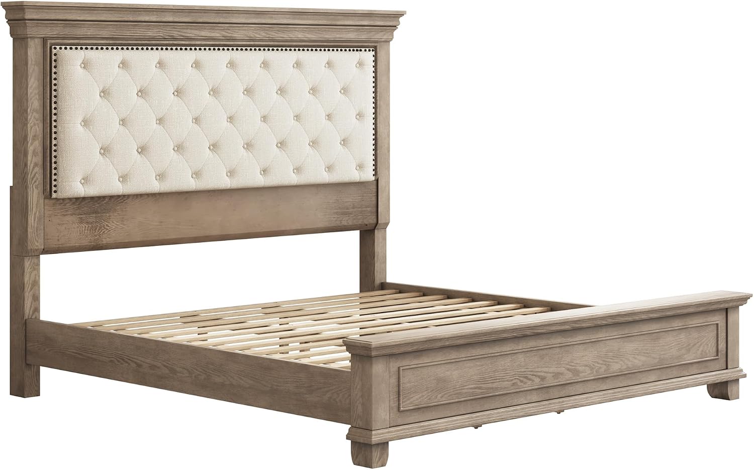 LUXOAK Solid Pine Wood King Bed Frame with 69' High Upholstered Headboard, Transitional Style Platform Bed, No Box Spring Needed & Easy Assembly, Button-Tufted Chenille Fabric, Antique Taupe