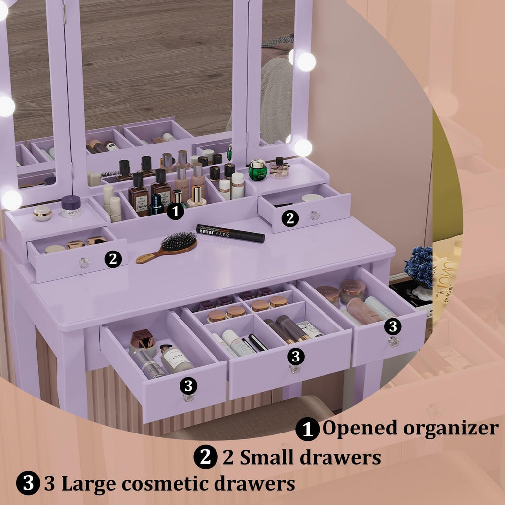 Purple Vanity Desk with Mirror and Lights Purple Vanity for Girls Makeup Vanity Desk with Lights Vanity Table with Lighted Mirror Make Up Vanity Desk with Drawers and Chair Set