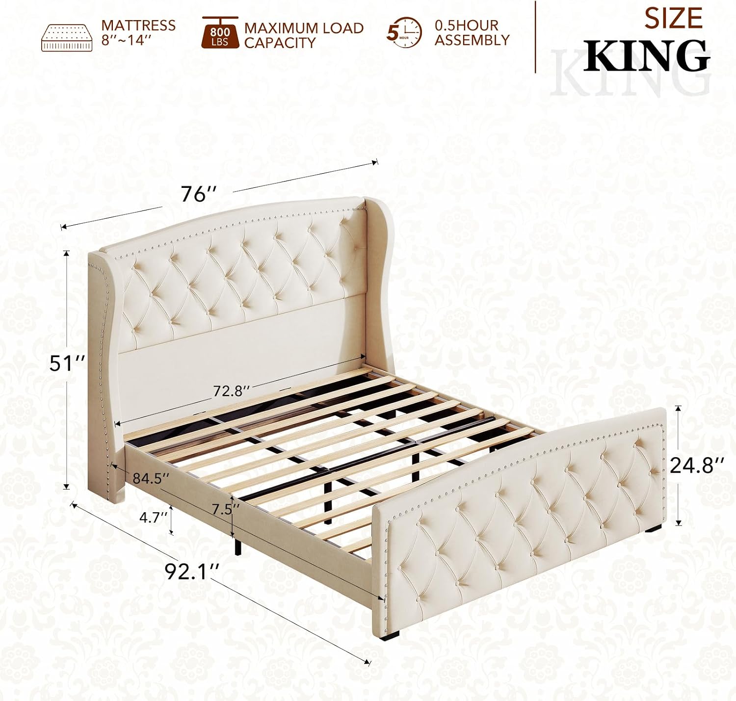 Furnihome King Size Bed Frame with 51' Tall Headboard, Velvet Upholstered Wingback Platform Design, Handcrafted Pleats& Deep Button Tufted, Solid Wood Legs, No Box Spring Needed, Beige