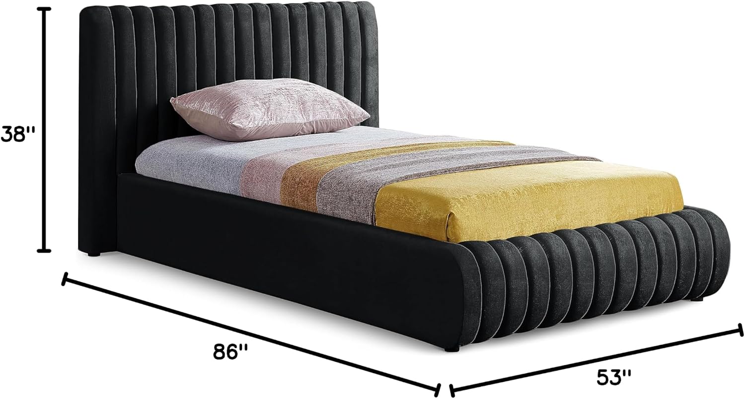Meridian Furniture NicoBlack-T Nico Collection Modern | Contemporary Velvet Upholstered Twin Bed with Rich Black Velvet and Deep Channel Tufting, 53' W x 86' D x 38' H, Black, Twin
