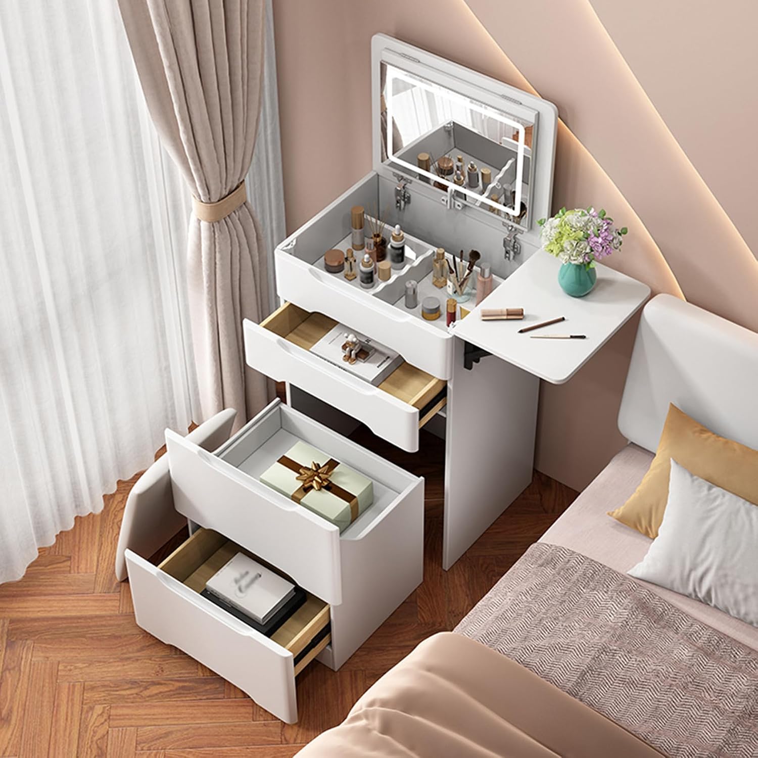 3 in 1 Compact Dressing Table with Mirror and Lights,Small Vanity Desk with Stool and 3 Drawers,Corner Makeup Table with Foldable Panel for Bedroom Living Room Small Space
