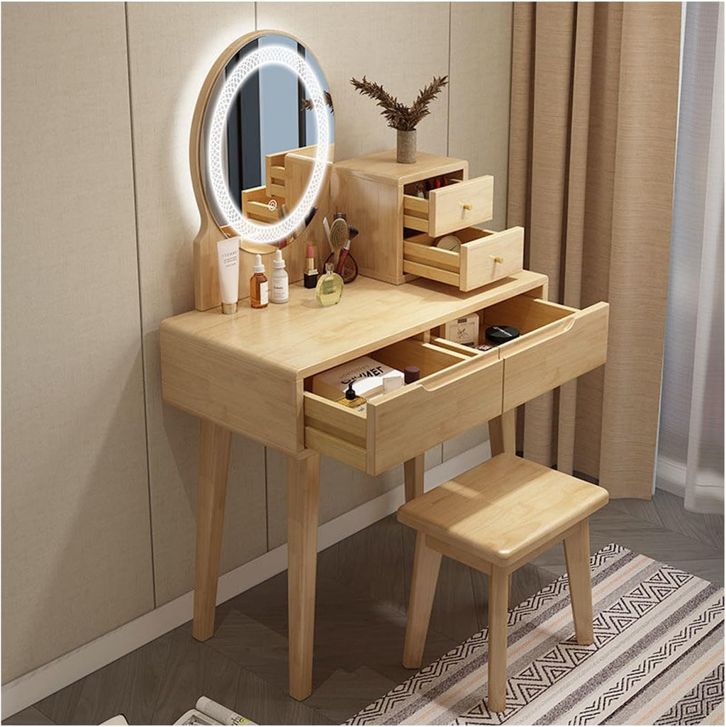 Makeup Desk，Dressing Table Set，Cabinets Vanity Table for Storing Items，with Mirror and Drawers Vanity Table Makeup Desk，Convient Pour La Chambre Et Le Salon.(Wood,with Light_80CM)