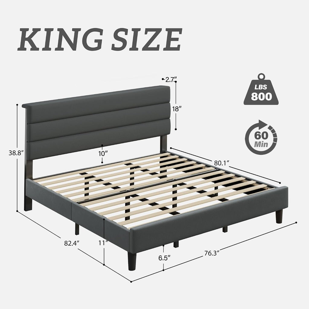Fluest King Size Bed Frame, Platform Bed Frame with Velvet Upholstered Headboard, No Box Spring Needed, Sturdy Metal Support, Noise Free, Easy Assembly, Grey
