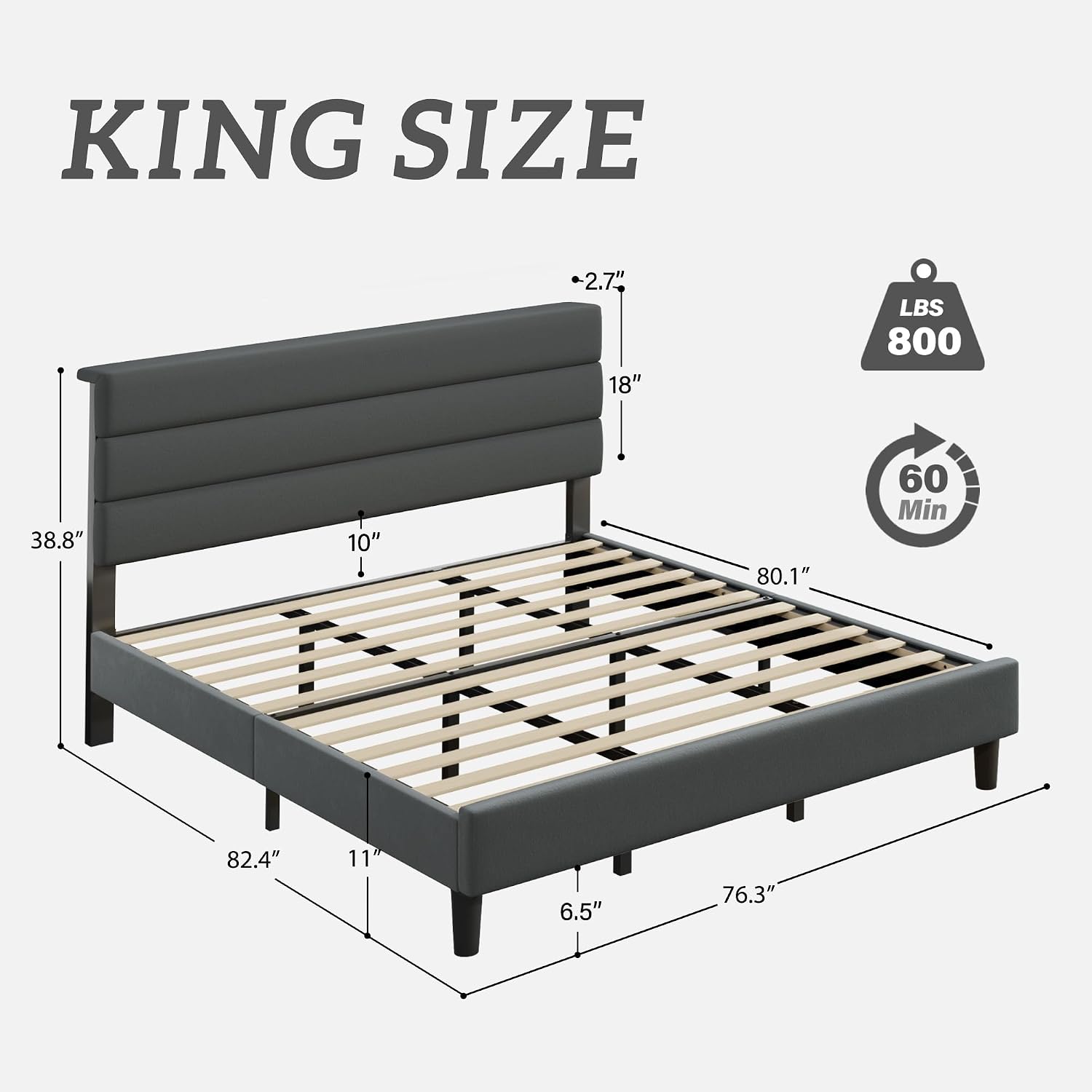 Fluest King Size Bed Frame, Platform Bed Frame with Velvet Upholstered Headboard, No Box Spring Needed, Sturdy Metal Support, Noise Free, Easy Assembly, Grey