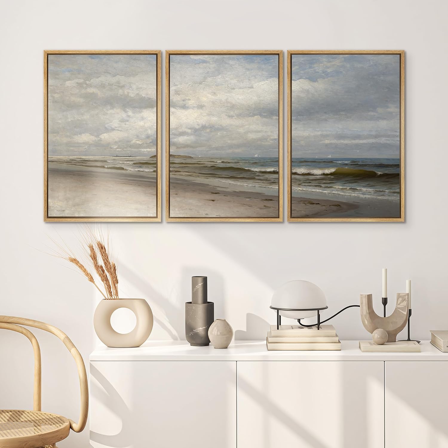 SIGNWIN Framed Canvas Print Wall Art Set Ocean Beach Tranquil Coastal Seascape with Waves and Clouds Illustrations Modern Art Decorative Rustic for Living Room, Bedroom, Office - 16'x24'x3 Natural