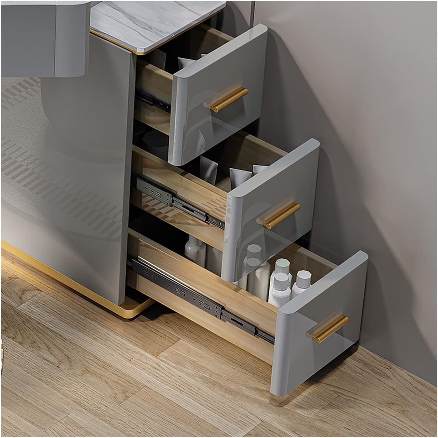 Makeup Vanity Desk Home Grey Corner Vanity Set with Stool and Mirror Slate Dressing Table Bedroom Small Apartment Modern Minimalist Storage Cabinet(Medium)