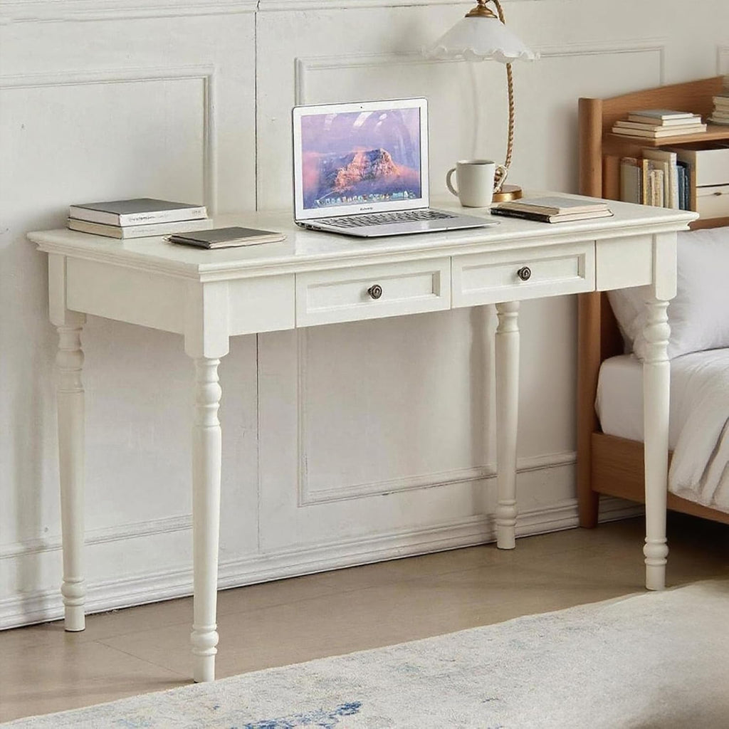 French Country Style Writing Desk, Writing Table with Double Drawer Storage, 47'' Long Solid Wood Farmhouse Computer Table, 30' High Vanity Dressing Desk, Rounded Table Corners,for Office or Workspace